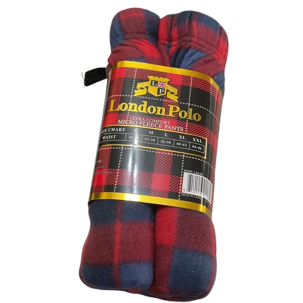 London Polo Micro Fleece Pants Mens Small Red Blue Plaid New Ultra Comfort Cozy